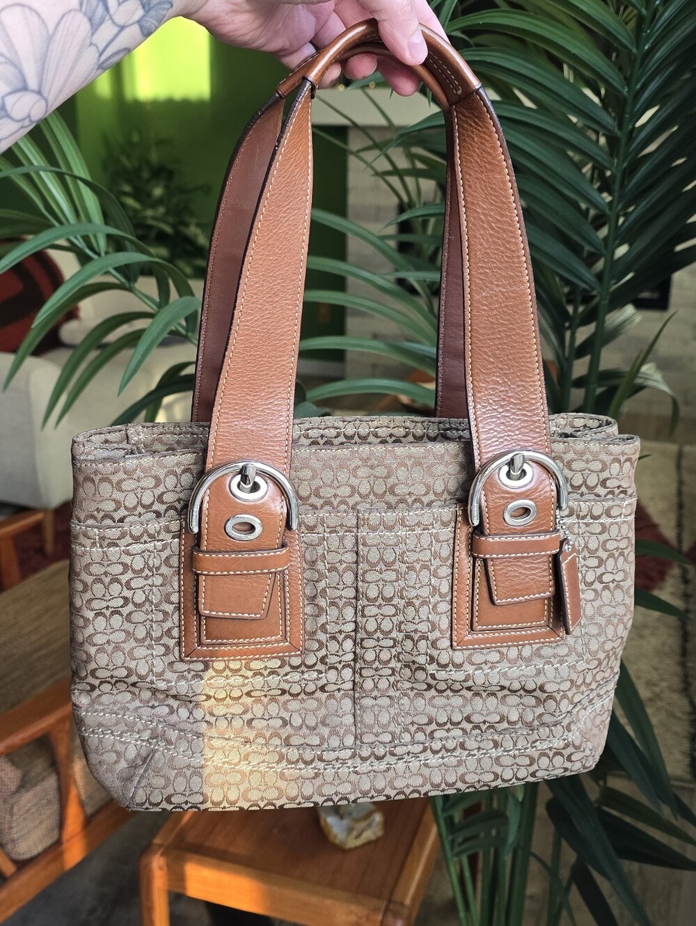 Coach Brown Signature Jacquard Tote with Tan Leather Trim
